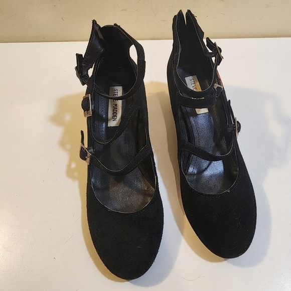 Steve Madden Hedley Black Suede Block Heels with Embroide Red Roses 7.5 - Picture 9 of 15